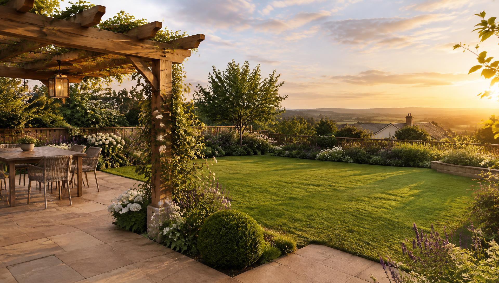 Landscaped Devon garden with sandstone patio and oak pergola at sunset